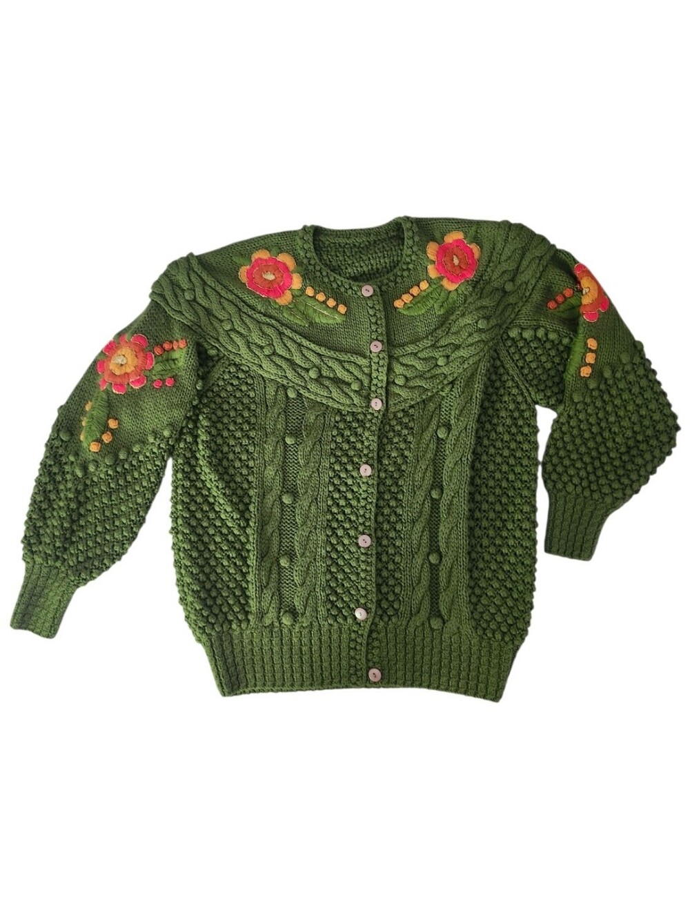 70s-80s Wool Handknit Popcorn and Flowers Cardigan